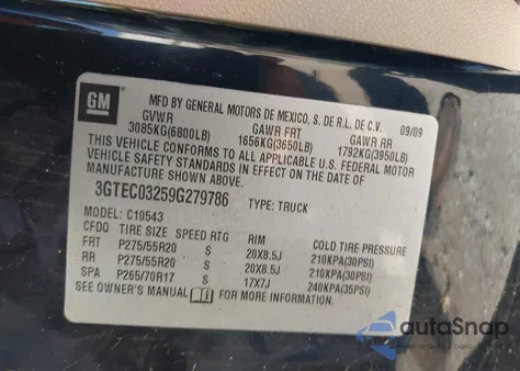 2009 GMC Sierra 1500 Denali z USA, uszkodzony, nr VIN 3GTEC03259G279786